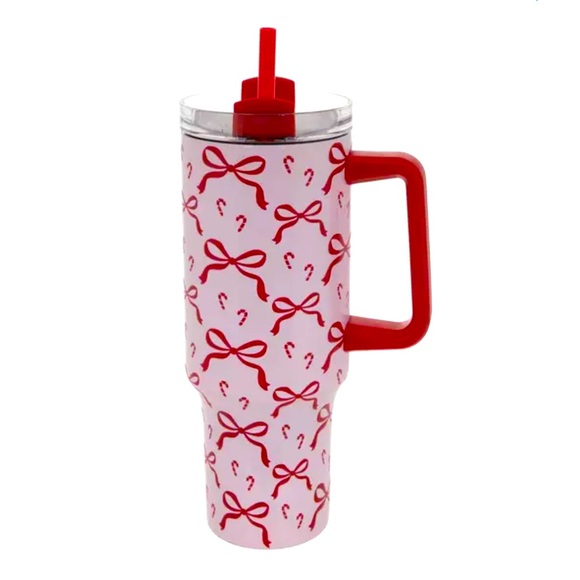 New! Pink Stainless Steel 40 oz Tumbler w/ Red Bows & Candy Canes w/ lid & straw - Picture 1 of 7